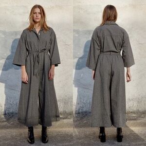 Esby Cotton Linen Shadow Stripe Scarlett Wide Leg Belted Jumpsuit Small